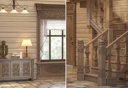Home Interior in Modern Russian Style with Carved Window and Staircase