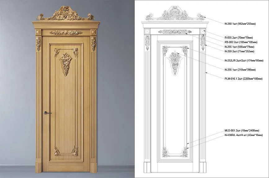 Classic wooden interior door with decorative carving and technical drawing with dimensions of elements