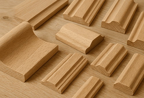 Various profiles of wooden baseboards on a light surface