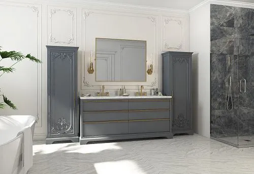 Elegant Solid Wood Bathroom Furniture Set with Grey Fronts, Carvings, and Gold-Colored Hardware