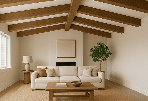 Bright Living Room with Wood-Look Decorative Faux Beams on the Ceiling, Large Sofa, and Wooden Table