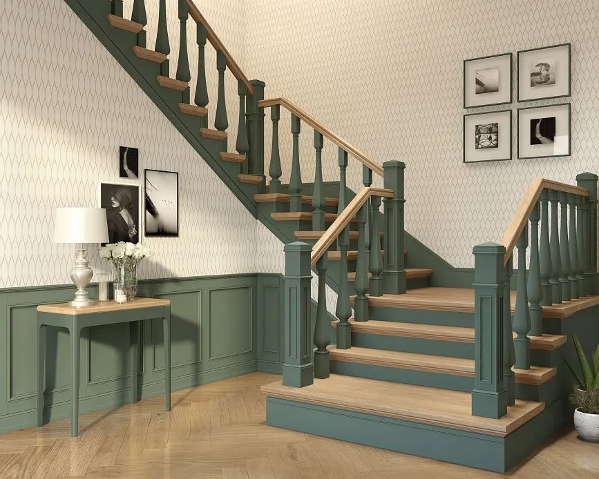 Green-colored wooden staircase with balusters, a stylish interior solution