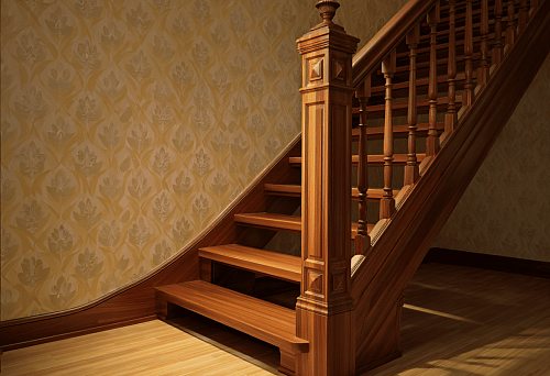 Staircase with decorative 3D balusters and solid wooden newel post