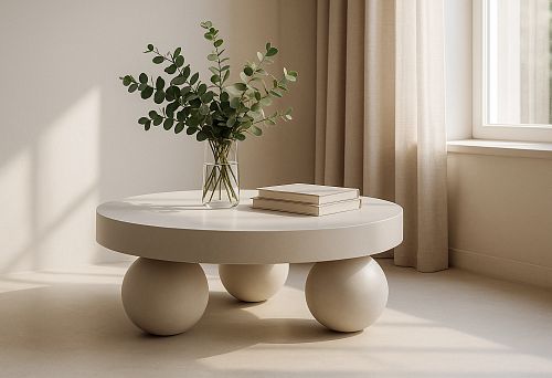 modern designer desk with rounded ball-shaped legs, books and a vase with greenery on the surface