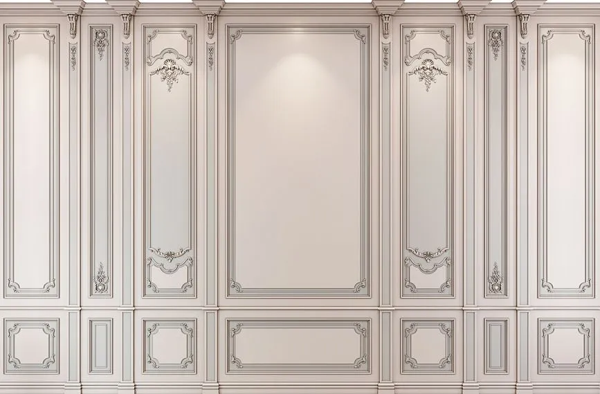 Interior with wall panels INT-029 decoration. Decoration is made of natural wood with carved elements