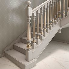 Photos of wooden staircases with carved posts