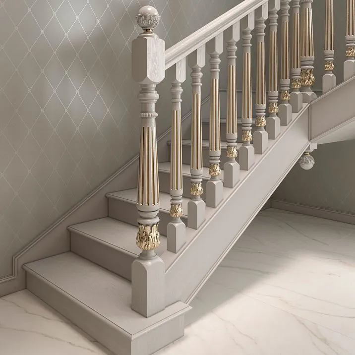 Photos of wooden staircases with carved posts