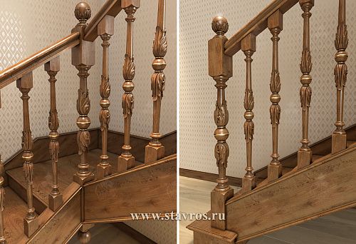 Wooden balusters with carving and gold accents on the second-floor staircase