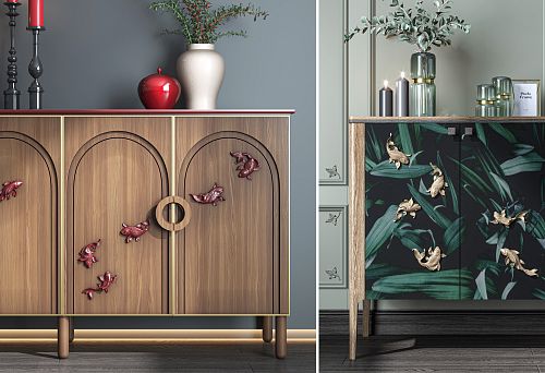 Two designer side tables with expressive facades