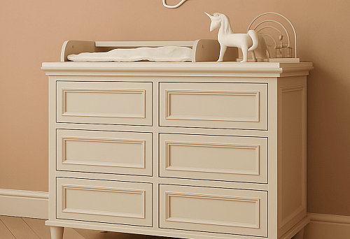 Classic cream-colored chest of drawers with six drawers on carved legs, decorated with decorative elements