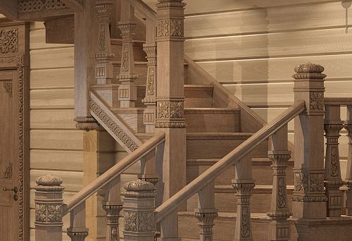 Apartment interior in Russian style with carved wooden staircase and columns