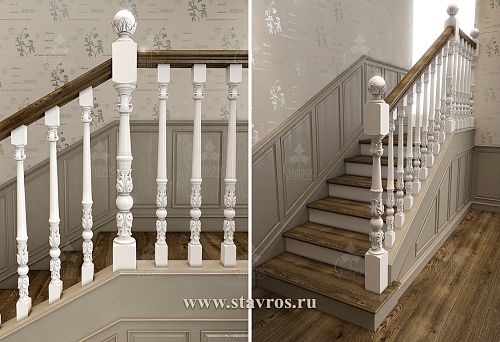 White wooden balusters with carving in a classic interior &mdash; side view