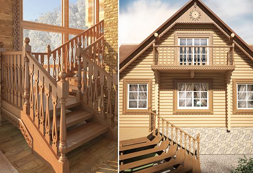 Wooden staircase with carved balusters inside the house