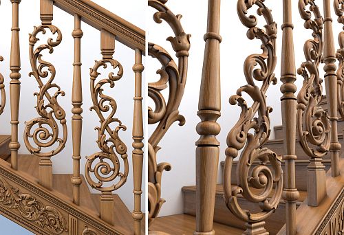 Side view of installed wooden balusters with intricate carving