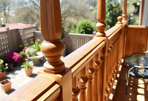Handmade wooden balusters on the veranda of a private house, crafted in the traditional style of Ryazan masters