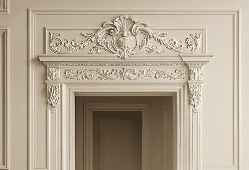 Doorway frame without door with molded decoration and floral ornament in classic style