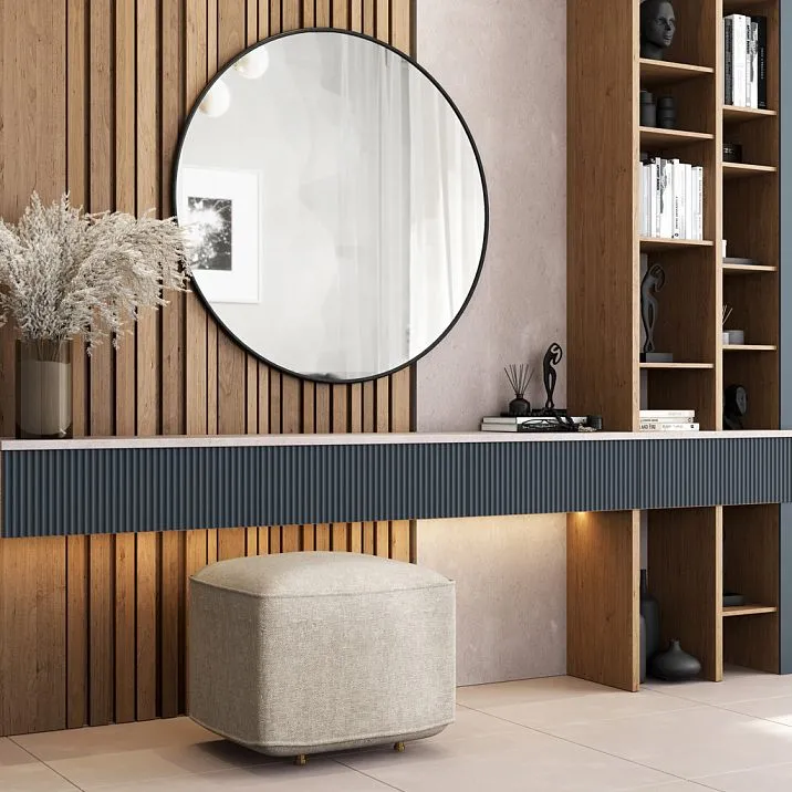 Carved wooden molding, interior photo with decorative furniture and wall finishing