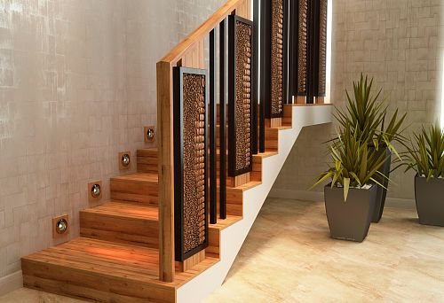Modern staircase with wooden steps and designer balusters
