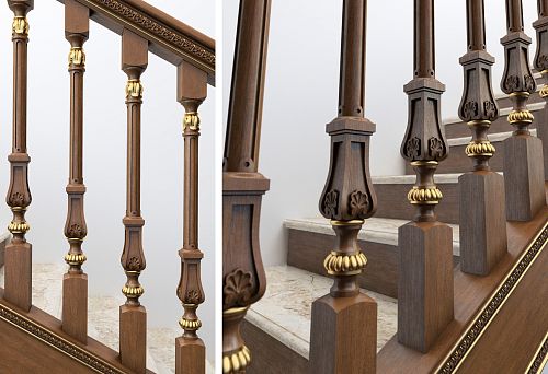 Dark wooden balusters with gold accents and carving