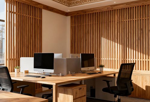 Современный офис с деревянными рейками и орнаментальными молдингами в русском стиле