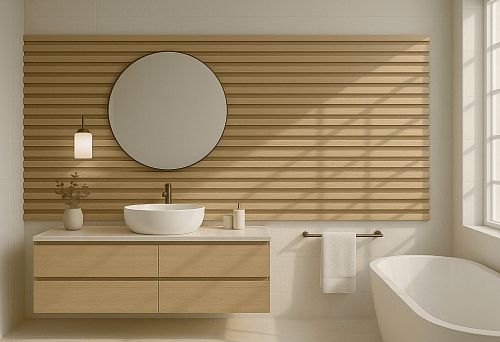 Decorative MDF oak rail in the bathroom interior with mirror