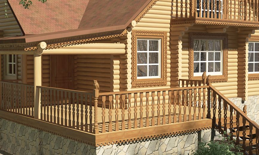 Close-up of a porch with wooden balusters and ornamental carvings.