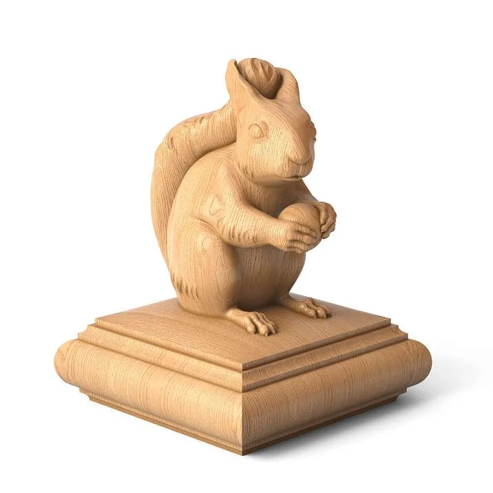 Finial on post L-066 made of natural wood with delicate carving and a squirrel
