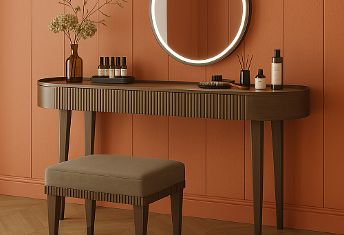Elegant illuminated vanity table with mirror in a modern interior.