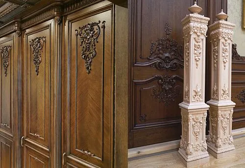Decorative wooden columns with elegant carving, in classic style.