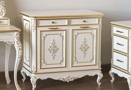 White Chest of Drawers with Gold Carving and Solid Wood Top, Classic Interior