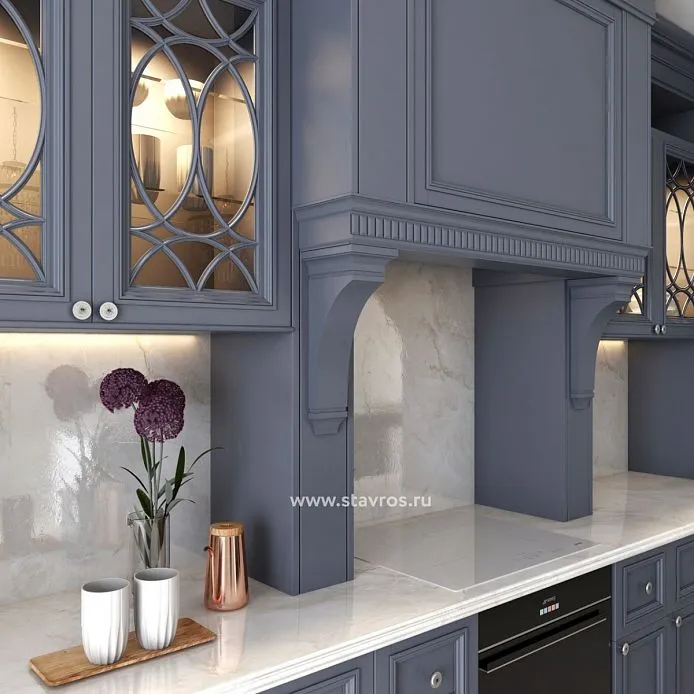 Detailed view of kitchen facades with delicate grilles in neoclassical style