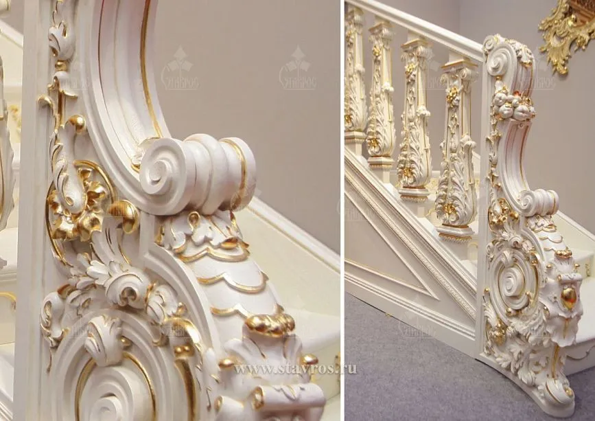 Elegant balusters of the RLE-064 staircase with classic carving, gilding, and smooth lines