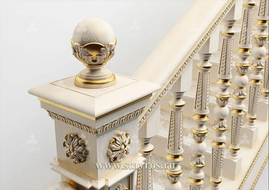 Decorative post with sphere and carved ornaments in staircase RLE-010
