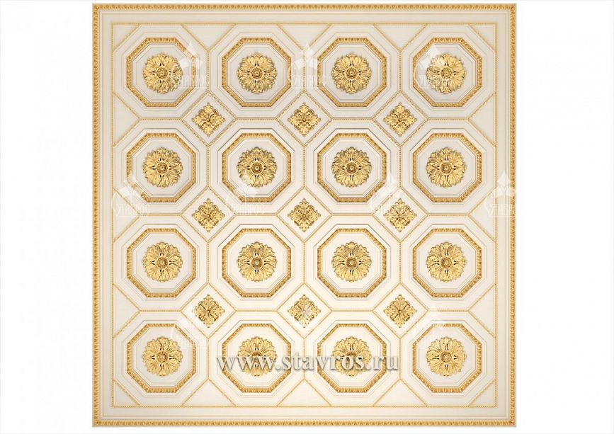 Coffered ceiling RP-003 with hexagonal modules and decorative rosettes