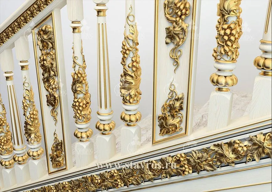 Wooden stair handrails with threading and gold decoration