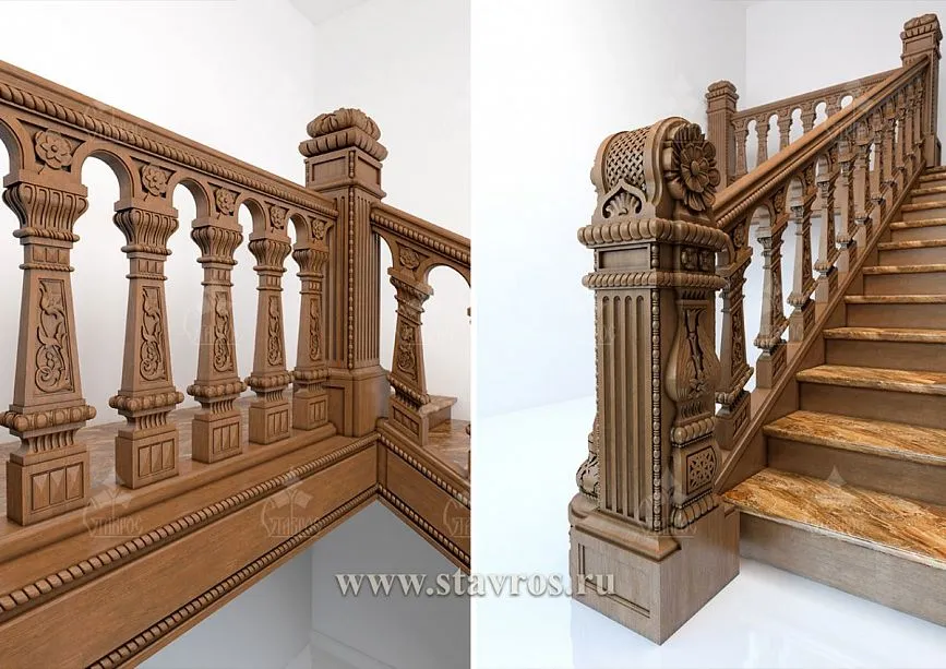 Balustrade of staircase RLE-013 with balusters adorned with carved floral ornaments