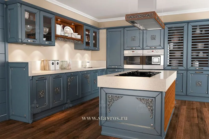 Kitchen in the Art Nouveau style with decorative facades and carved appliqu&eacute;s