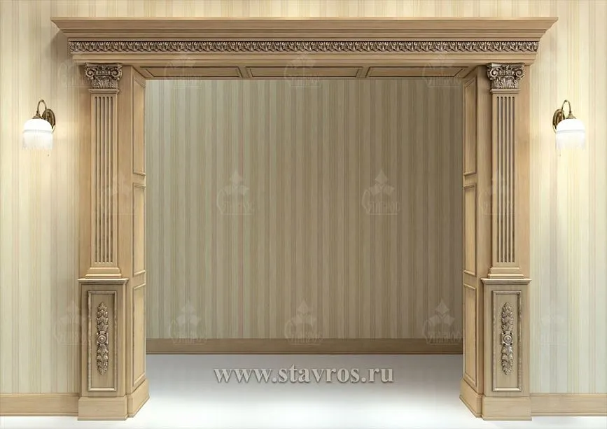 Wooden portal PRT-010 in an interior with classic chandeliers