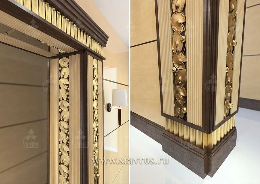 Door portal with water lilies in gold finish for decorating representative spaces