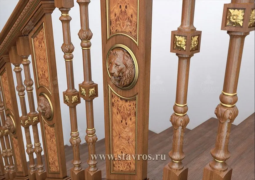 Massive posts for the RLE-017 staircase with carved elements and decorative panels