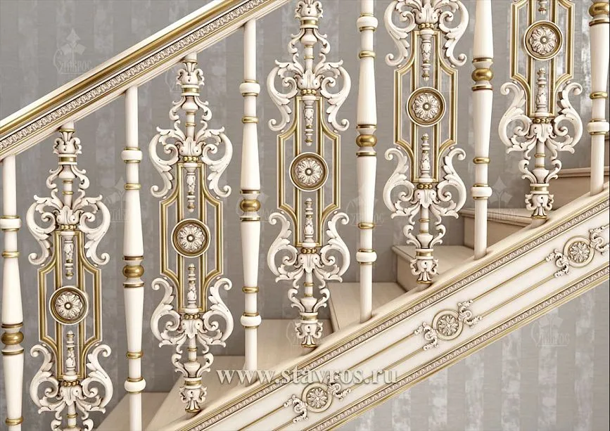 Side view of the RLE-035 staircase &ndash; artistic carving and refined design