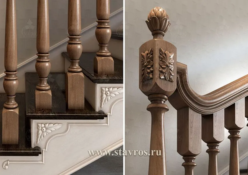 Elegant handrails and balustrade made of solid wood, unique entrance post