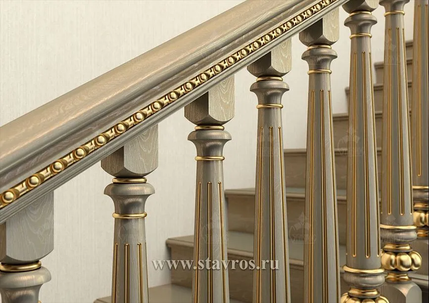 Balustrade of staircase RLE-011 with wooden balusters and gilded inserts