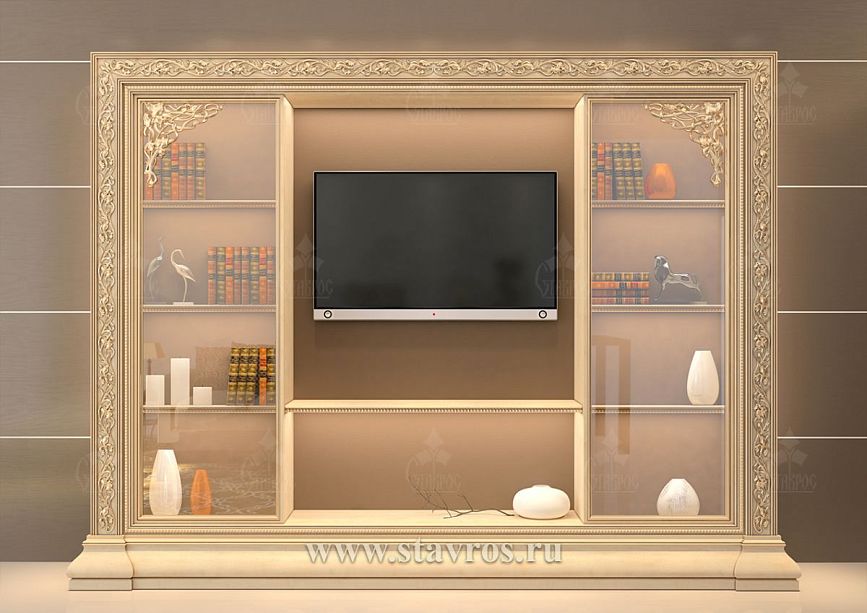 Elegant carved frame RTV-008 in classic style with open shelves and TV in the center