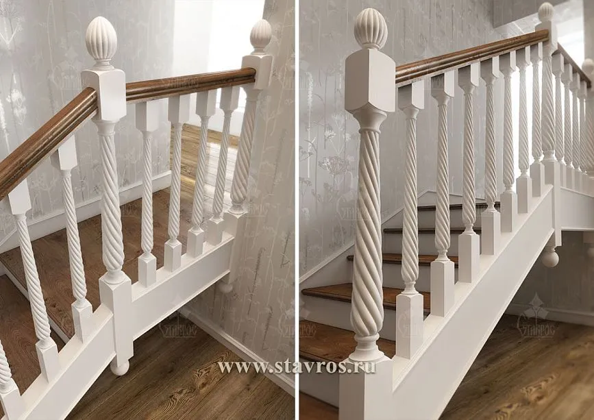 Wooden handrails for staircase RLE-058 with natural texture, combination of white balusters and warm wood tones