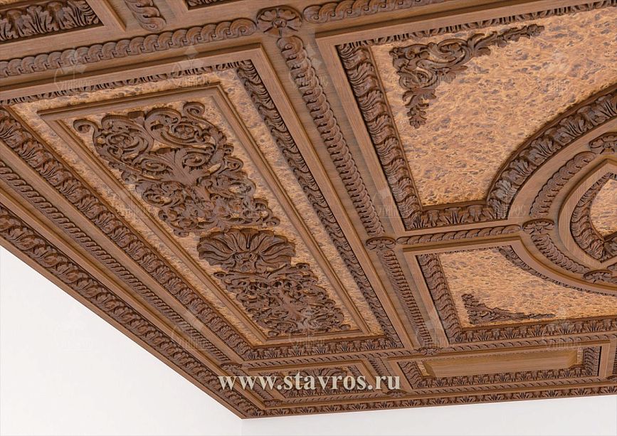 Grand central composition of wooden ceiling RP-001 with rosette and complex geometric forms