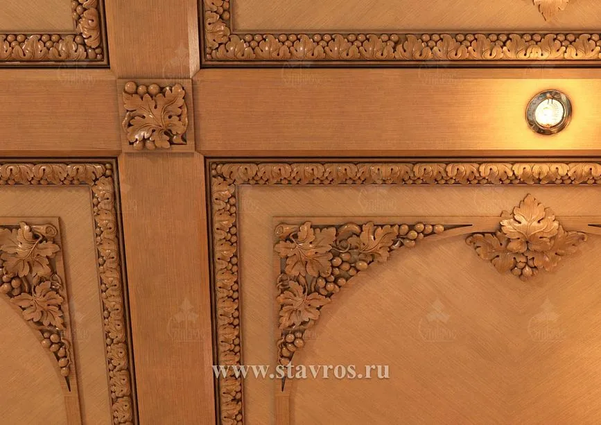 Carved wooden ceiling with grapevine ornament