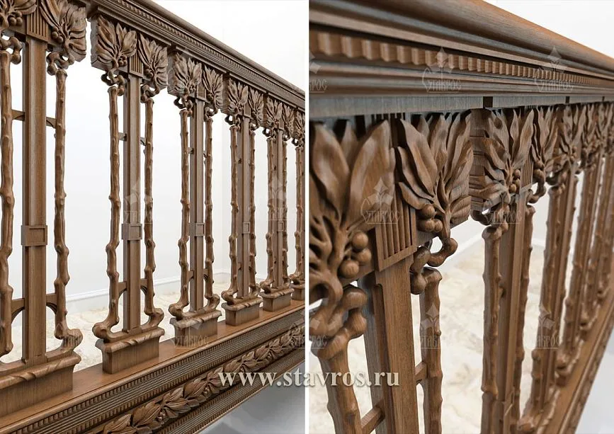 Side view of the RLE-026 staircase &ndash; balusters with classic carving, connected by carved elements