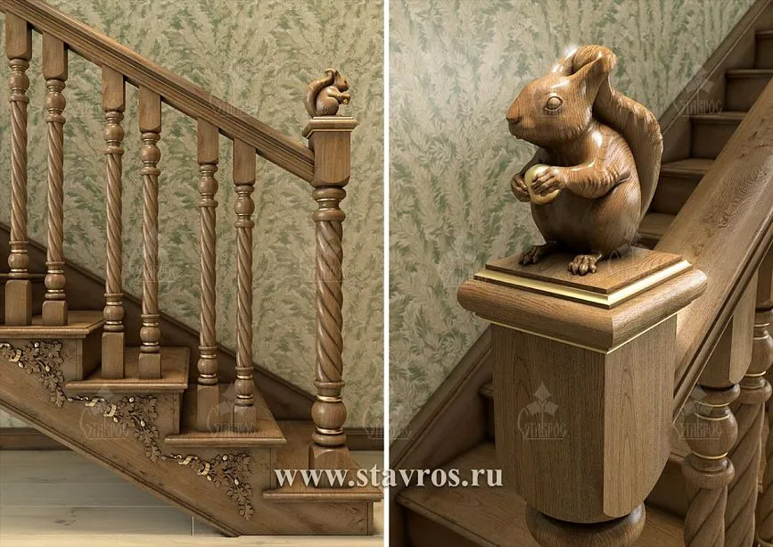 Unique carved newel post with a squirrel figure on top