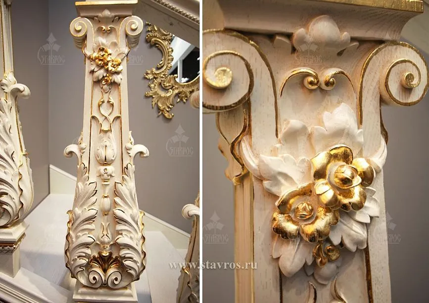 Close-up of the artistic wood carving on the RLE-064 staircase &ndash; gilded floral patterns and three-dimensional decorative elements